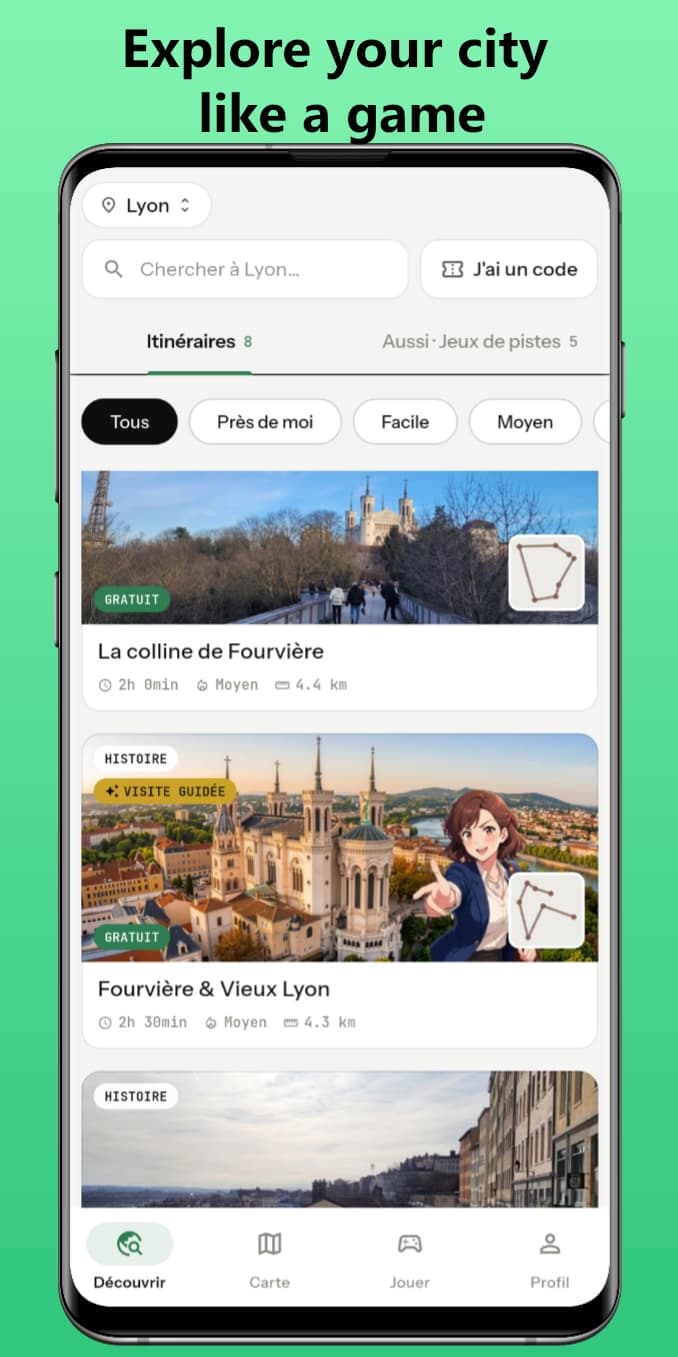 Discover screen: city picker, search, Itineraries and Trail games tabs
