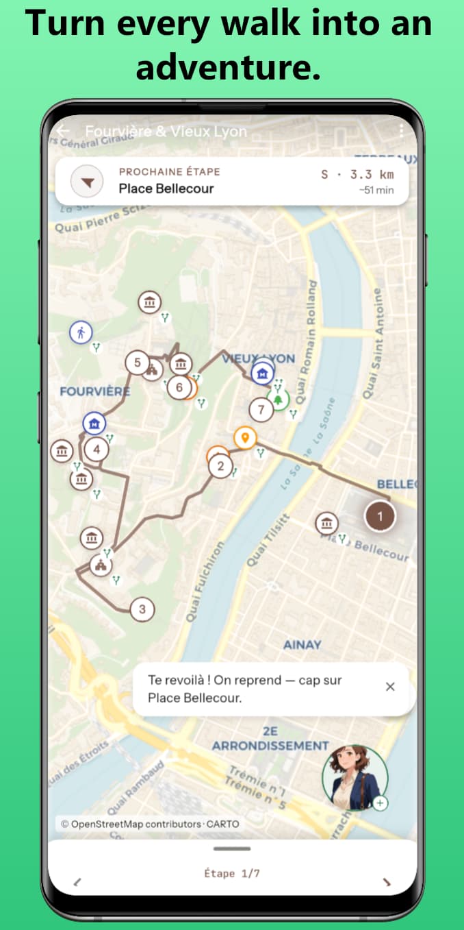 Itinerary map: the route, the numbered stops and the distance to the next one