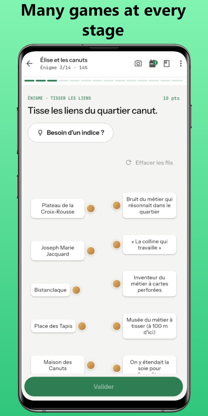 Puzzle: weaving the connections of the silk workers' district, with a hint button