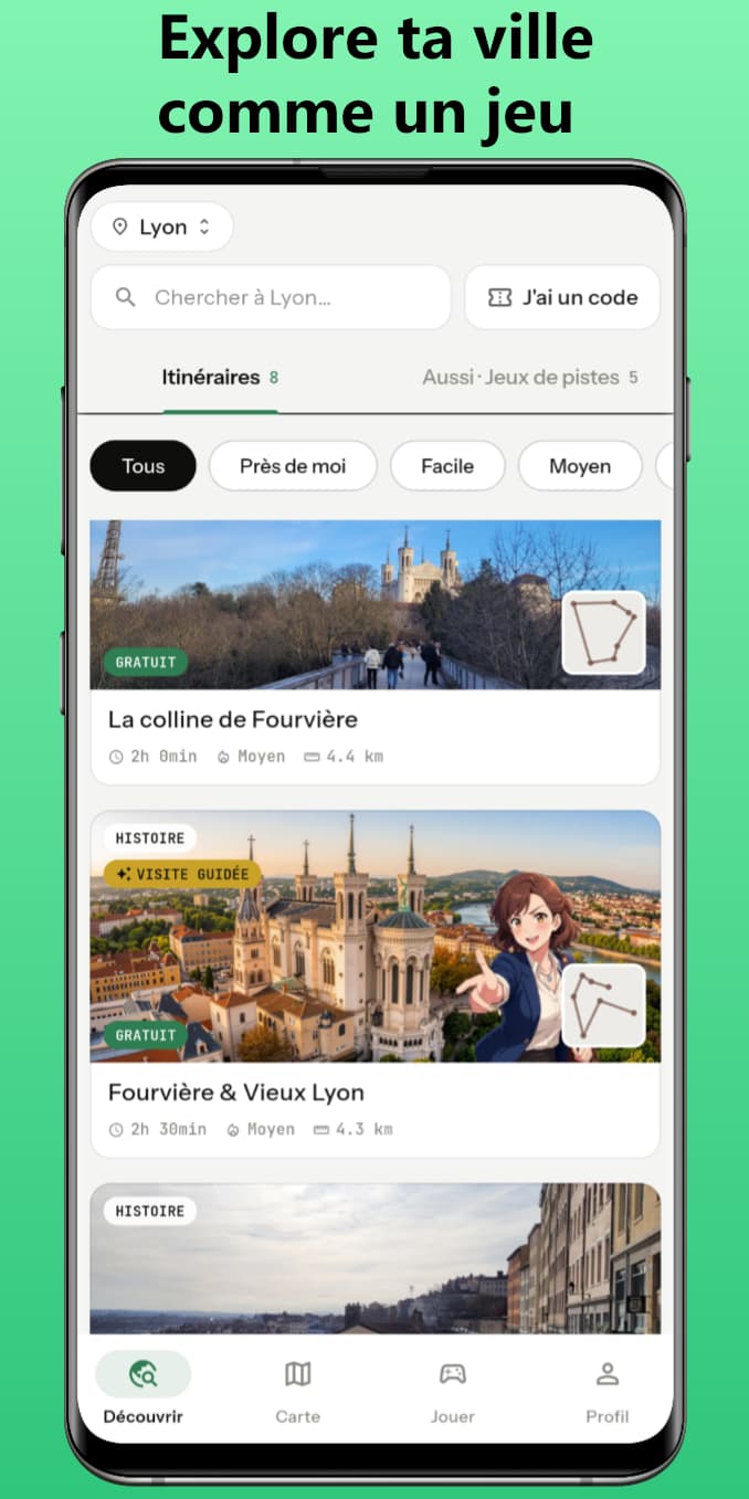 Écran Découvrir : choix de la ville, recherche, onglets Itinéraires et Jeux de pistes