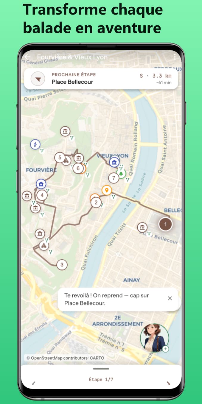 Carte d'un itinéraire : le tracé, les étapes numérotées et la distance jusqu'à la prochaine