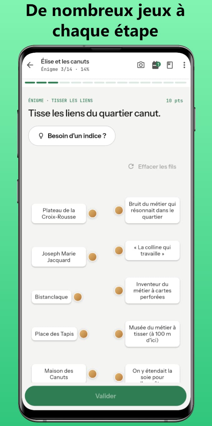 Énigme « Tisse les liens du quartier canut », avec un bouton pour demander un indice