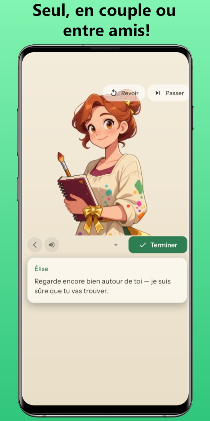 Élise, personnage compagnon, encourage le joueur pendant un parcours